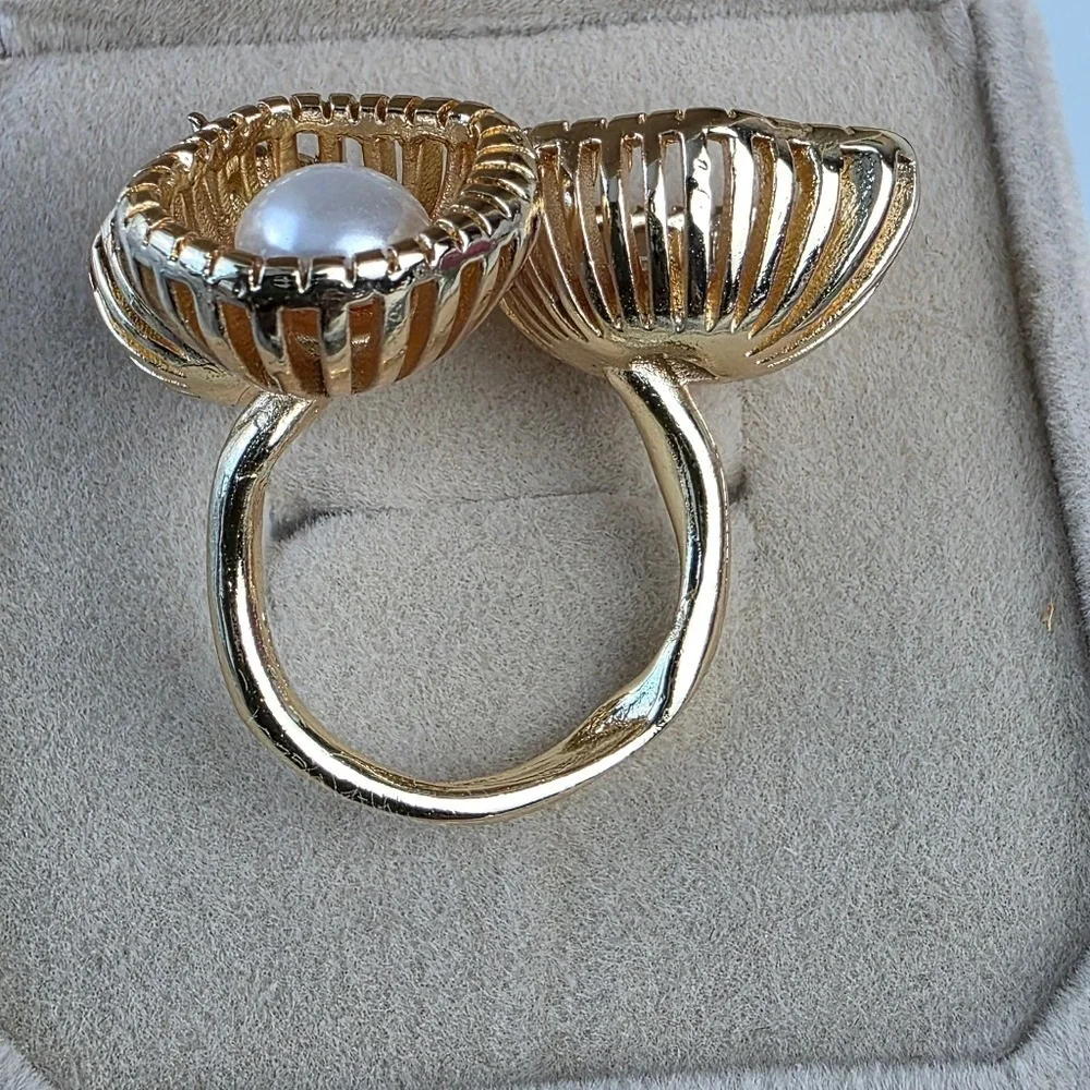 14K Gold Plated Sterling Pearl CZ Ring
